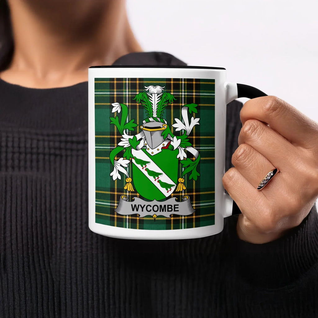 Black mug with a green plaid pattern and the Wycombe coat of arms.