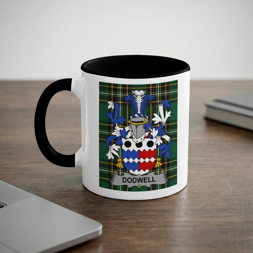 White mug with black rim featuring the Dodwell family crest.
