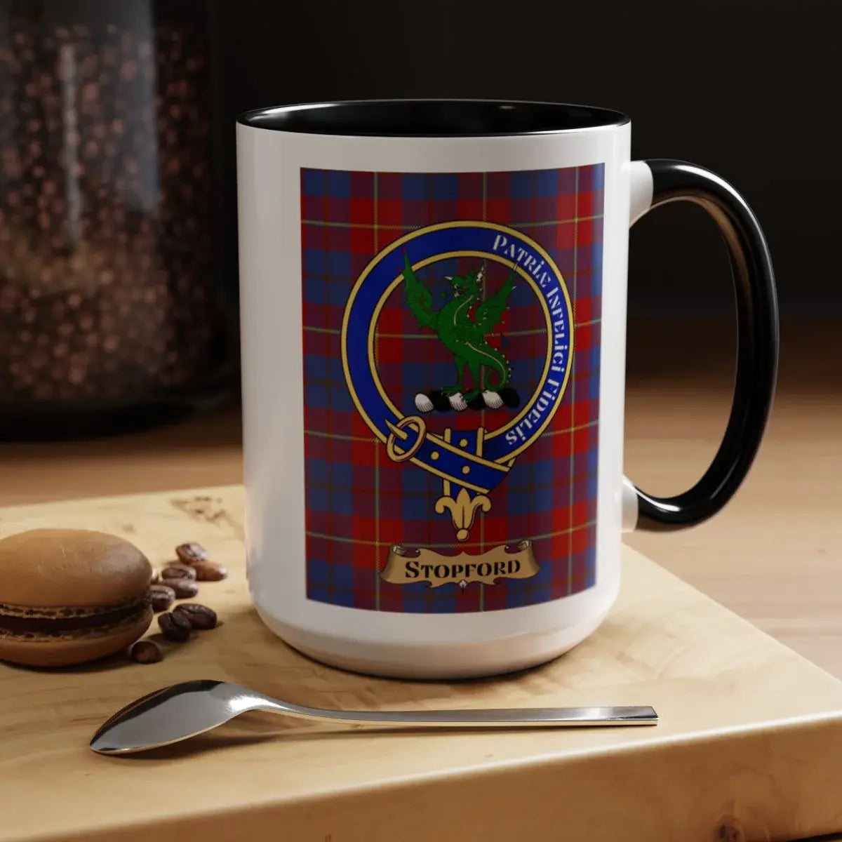 Close-up of the Stopford family crest printed on a ceramic mug