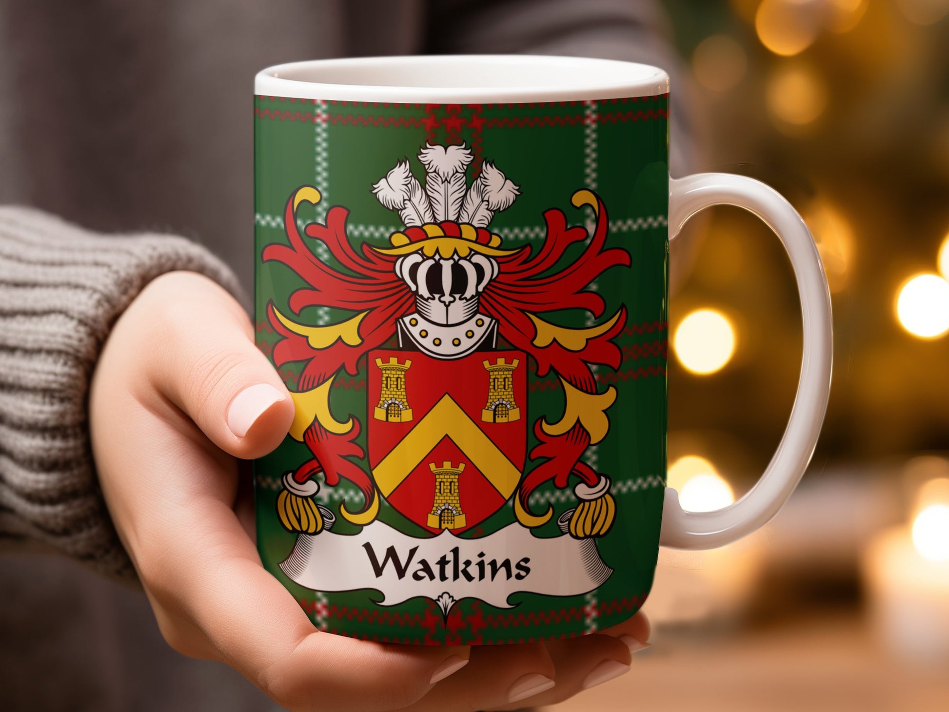 Watkins Coat of Arms on Welsh National Tartan Background Mug - Living Stone Gifts