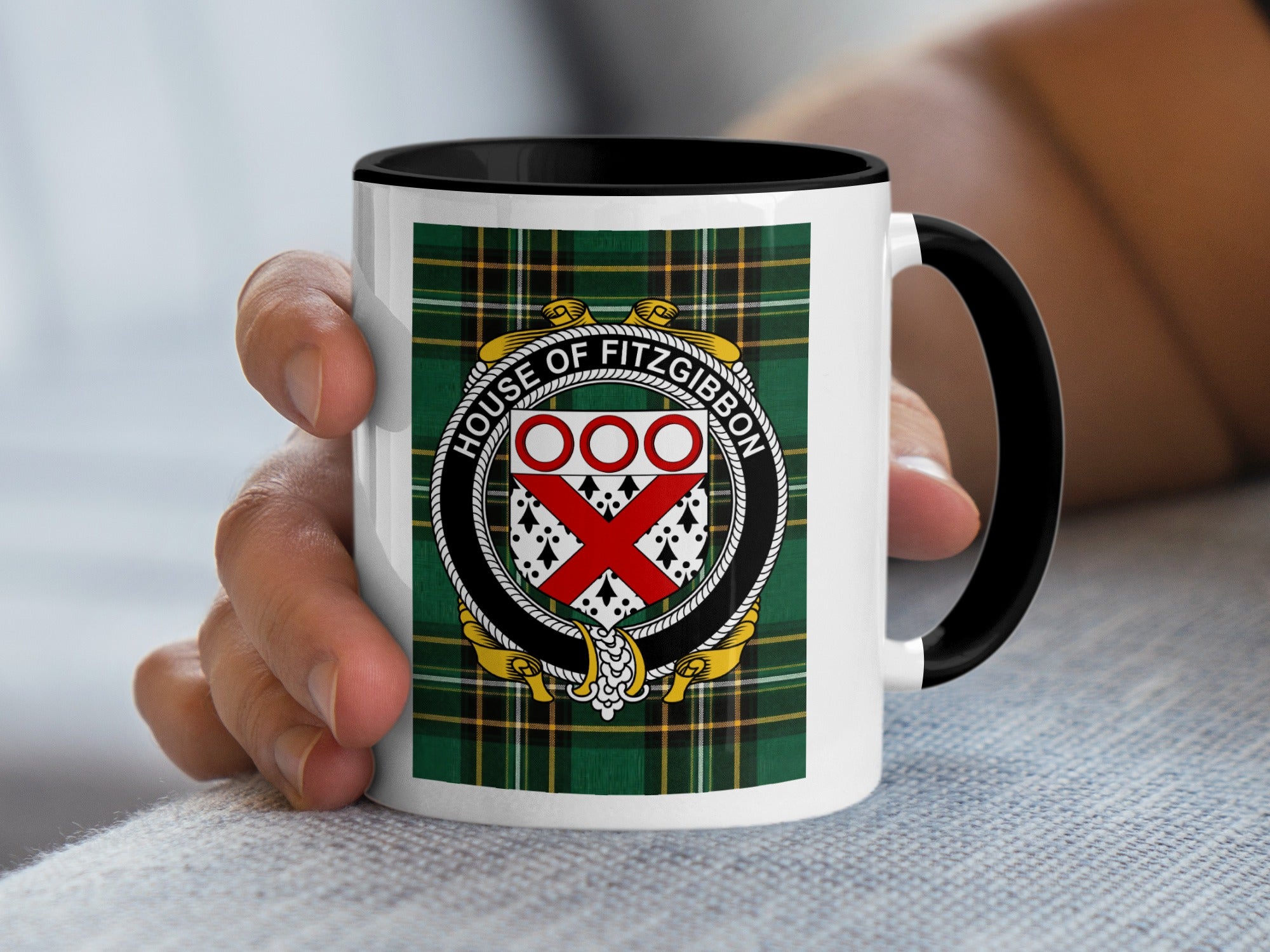 Fitzgibbon Irish National Tartan mug with family crest emblem