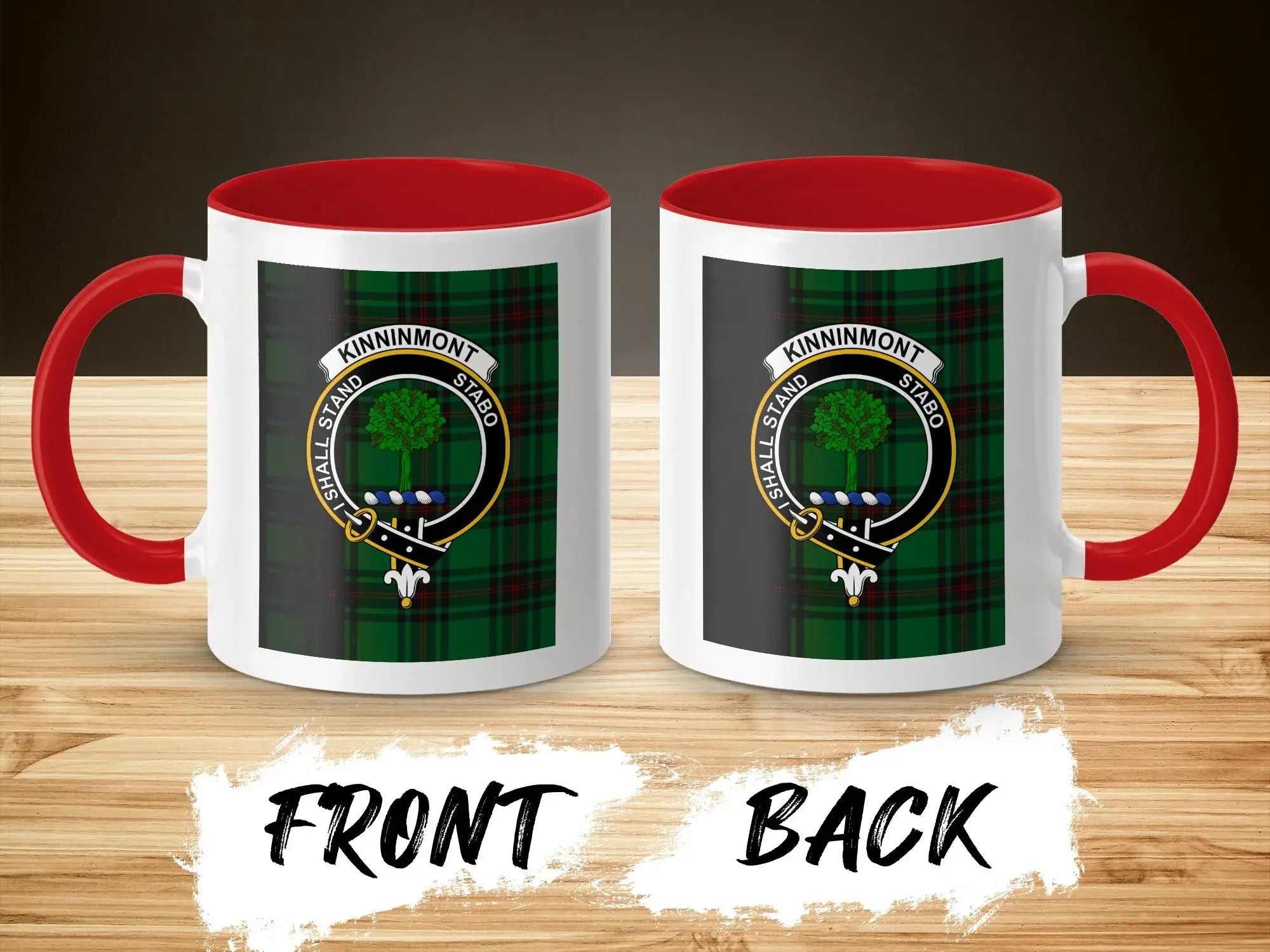 Kinninmont Clan Crest Plaid Design Mug Front and Back