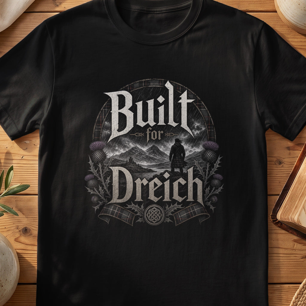 Black Gildan 64000 unisex T-shirt flatlay with Built for Dreich Scottish graphic design
