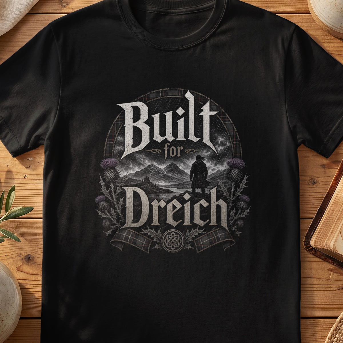 Black Gildan 64000 unisex T-shirt flatlay with Built for Dreich Scottish graphic design
