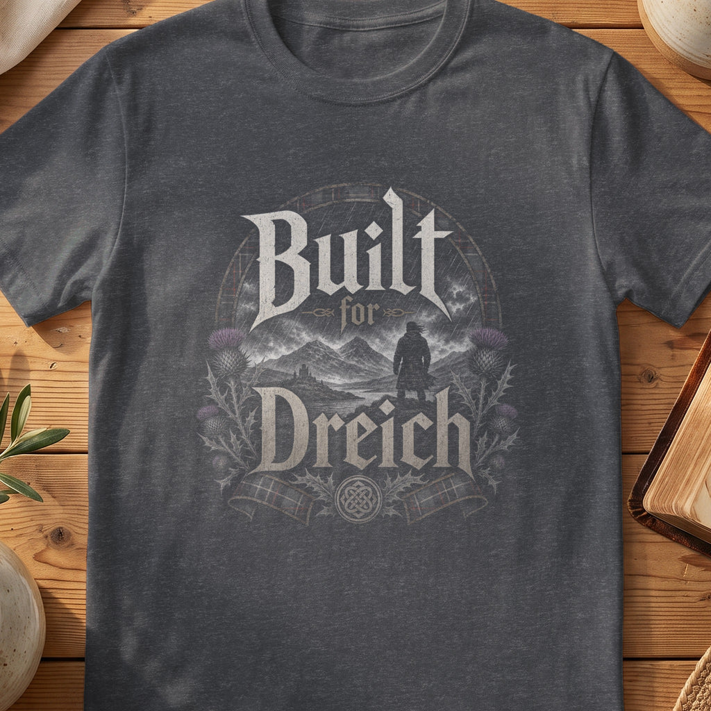 Dark grey Gildan 64000 unisex T-shirt flatlay with Built for Dreich Scottish graphic design