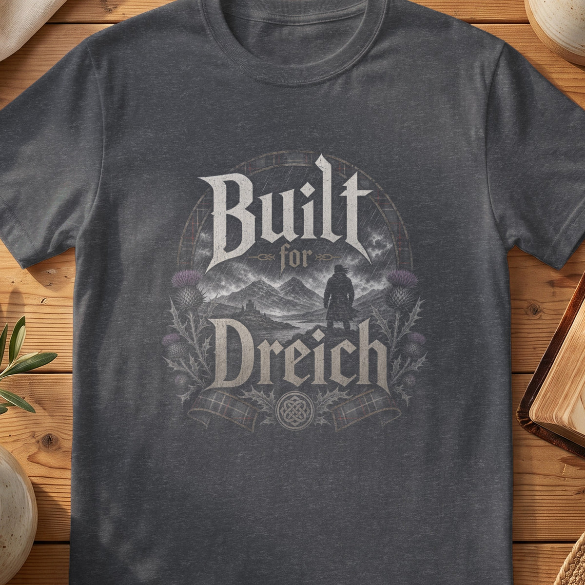 Dark grey Gildan 64000 unisex T-shirt flatlay with Built for Dreich Scottish graphic design