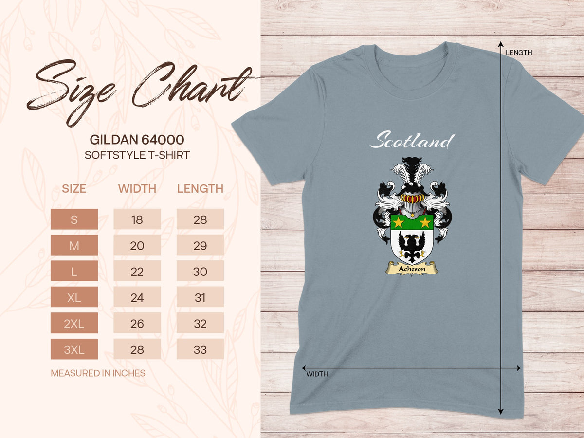 Gildan 64000 size chart for Acheson Scottish family shield T-shirt