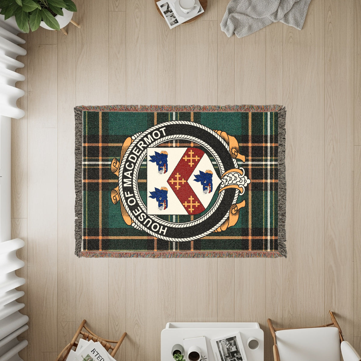 MacDermot Irish heritage woven throw with family crest emblem