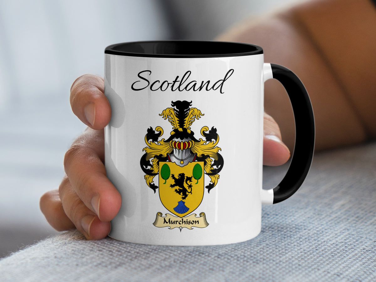 Murchison Scottish family crest accent mug with Scotland above the coat of arms design