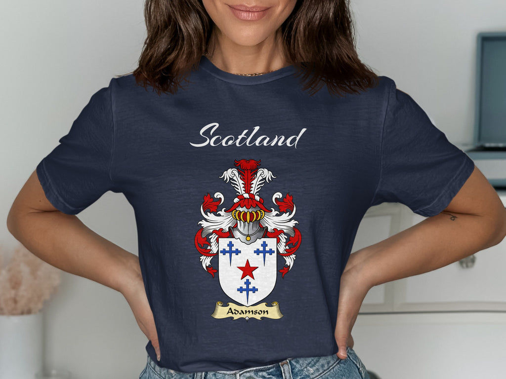 Adamson Scottish family shield design on Navy T-shirt