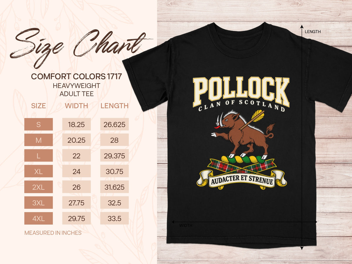 Pollock Comfort Colors 1717 T-shirt size chart with black shirt illustration