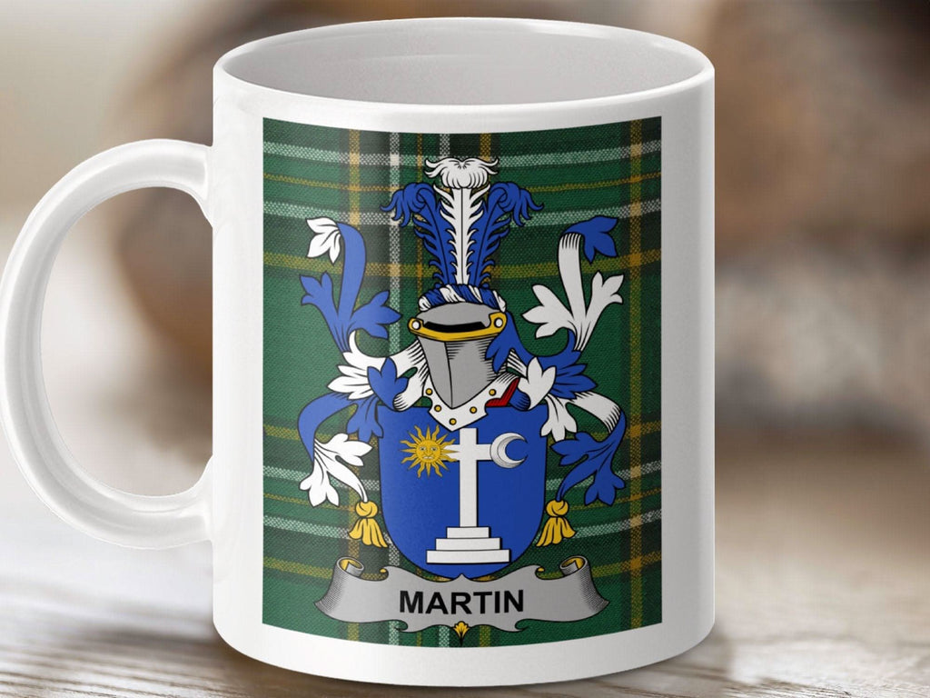 Martin Surname Family Crest on Irish Tartan Mug - Celtic Ancestry Gifts