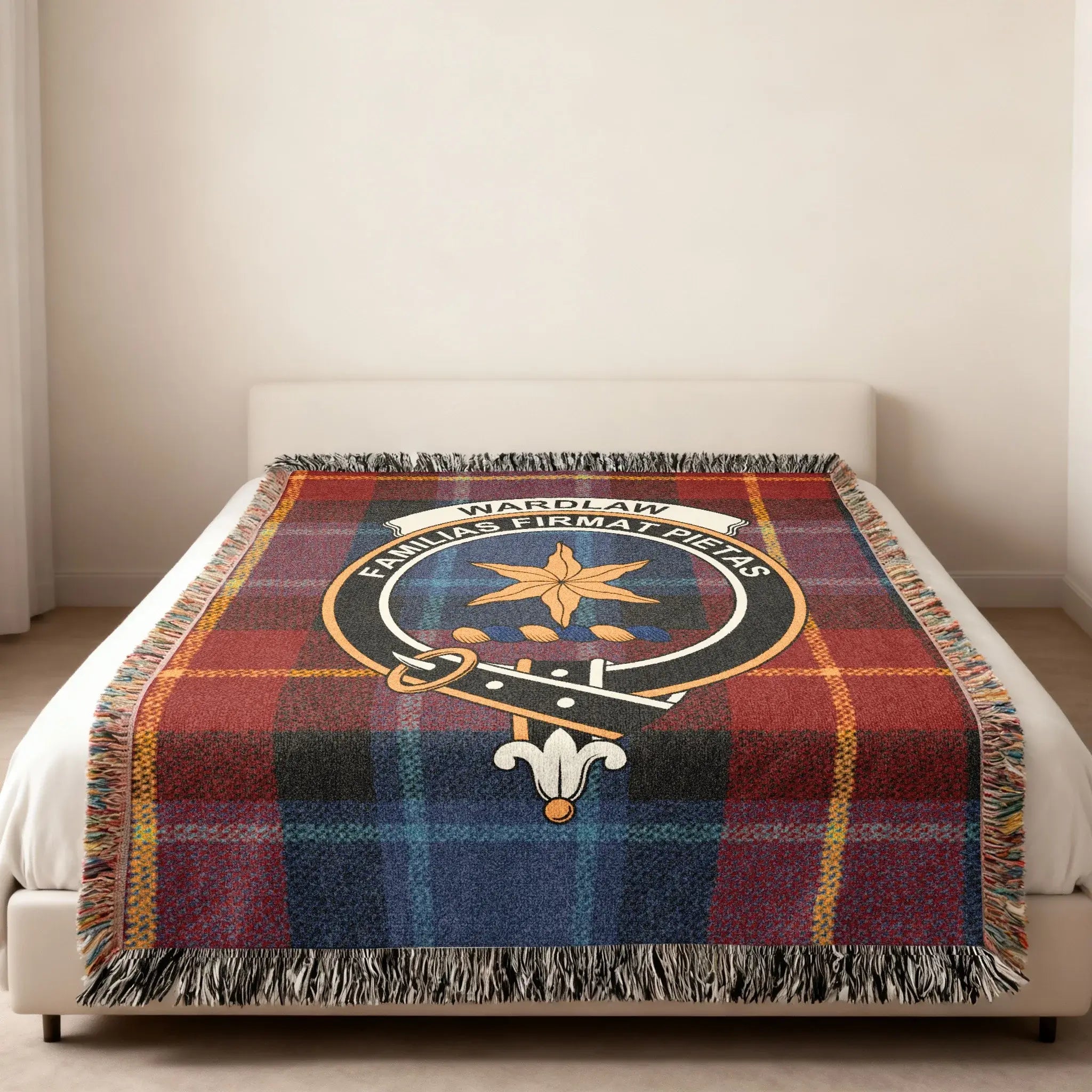 Wardlaw family crest decorative tartan woven blanket — full view