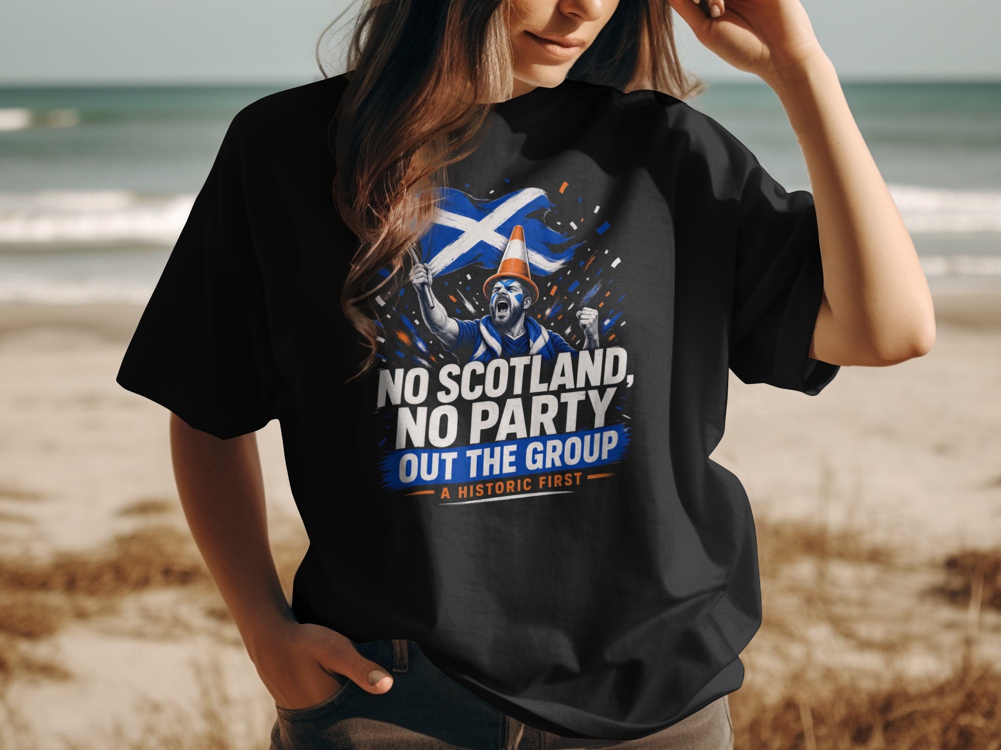 Black t-shirt with "NO SCOTLAND, NO PARTY OUT THE GROUP" and a cheering fan.