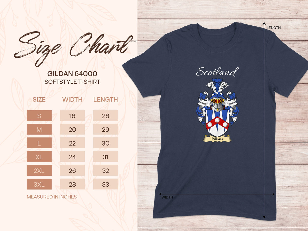 Gildan 64000 size chart for the Pillans Scottish family crest T-shirt, covering sizes S–3XL.