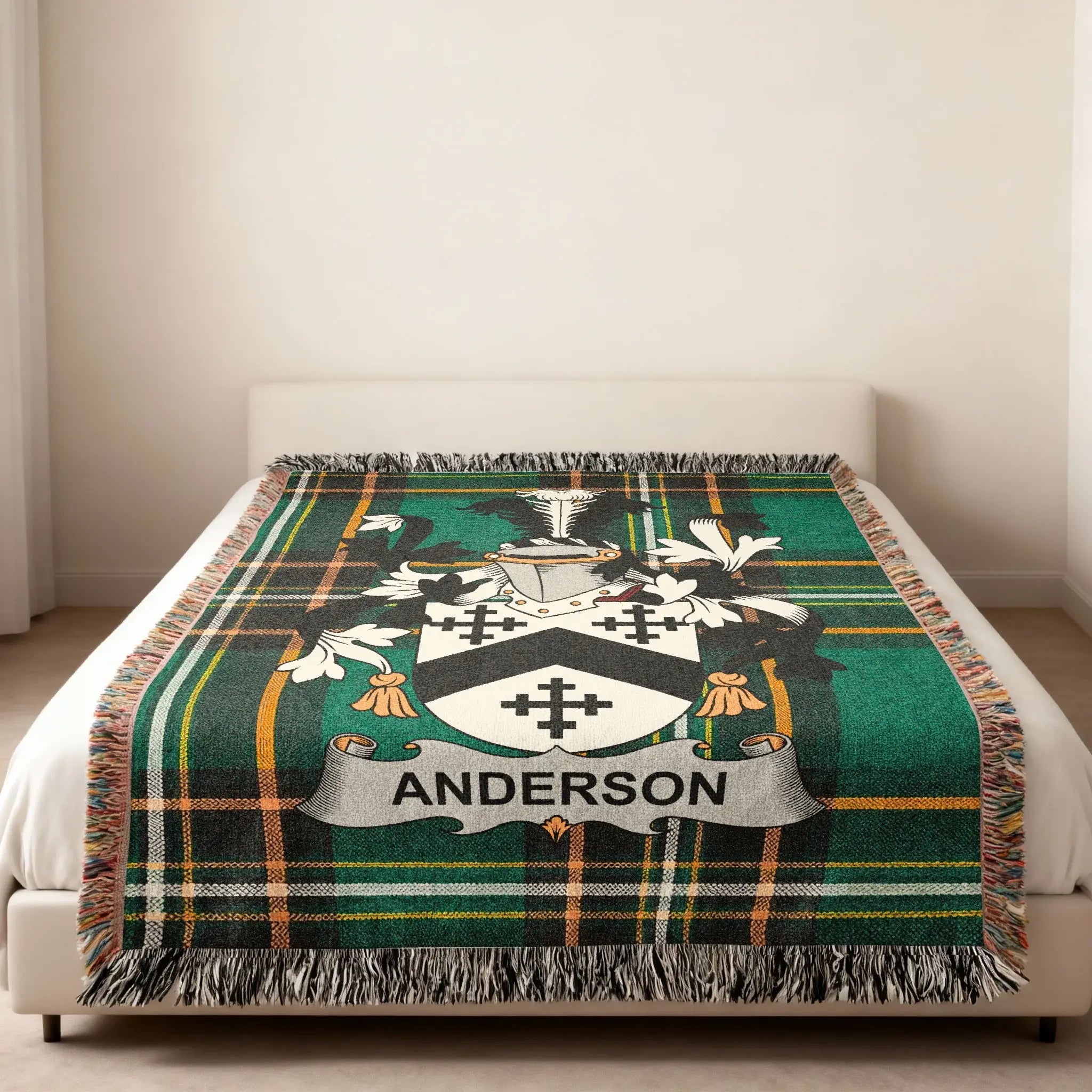 Anderson Irish heritage woven throw draped — crest and emerald green tartan design