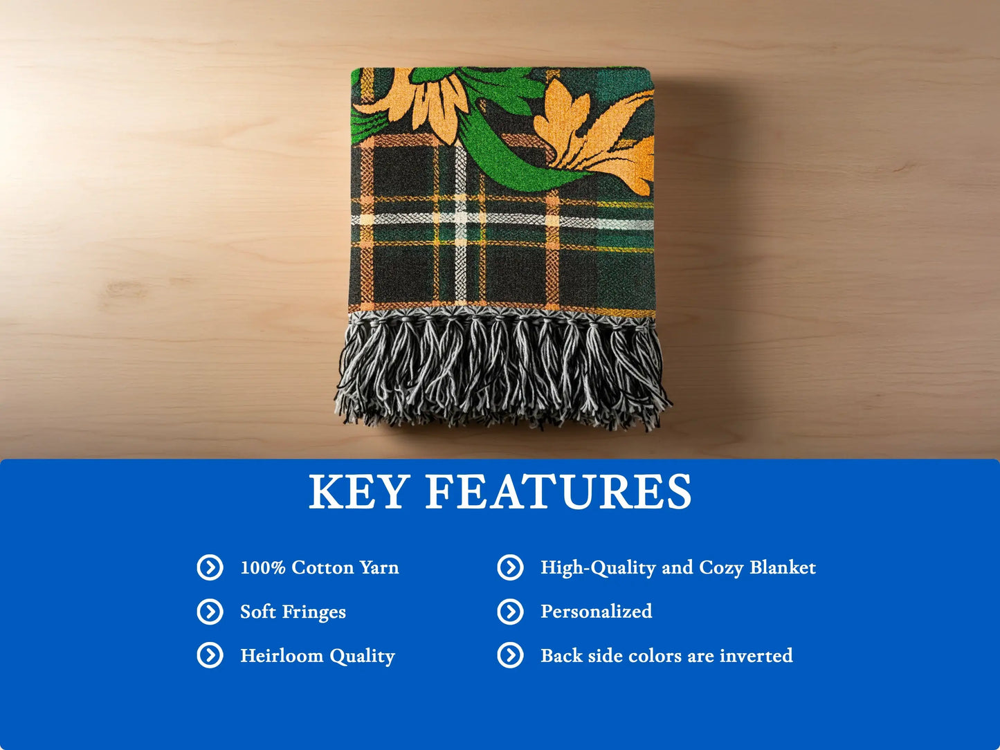 Plaid throw blanket with fringed edges, featuring key features like 100% cotton.