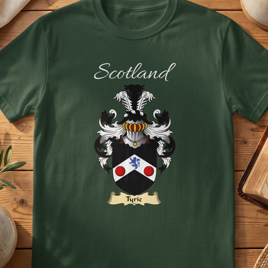 Forest Green Tyrie Scottish T-shirt laid flat with coat of arms artwork and “Scotland” text.