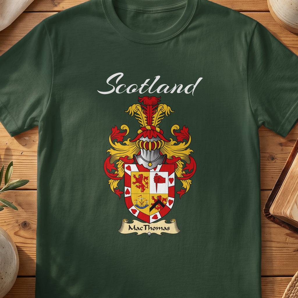 Forest Green MacThomas Scottish T-shirt featuring a quartered red-and-gold shield with a decorative border