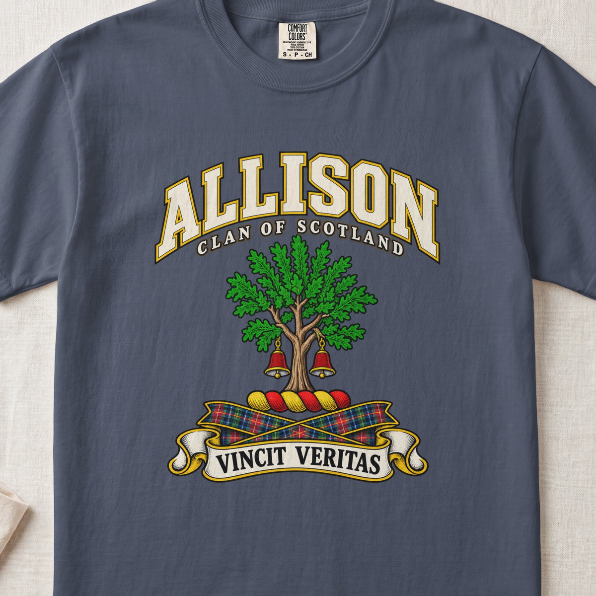 Allison Scottish clan T-shirt in Midnight, front view with a green tree with two hanging bells and motto banner.