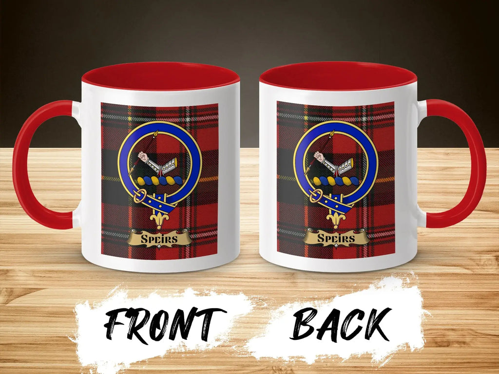 Speirs tartan-background crest mug shown as a Scottish heritage gift