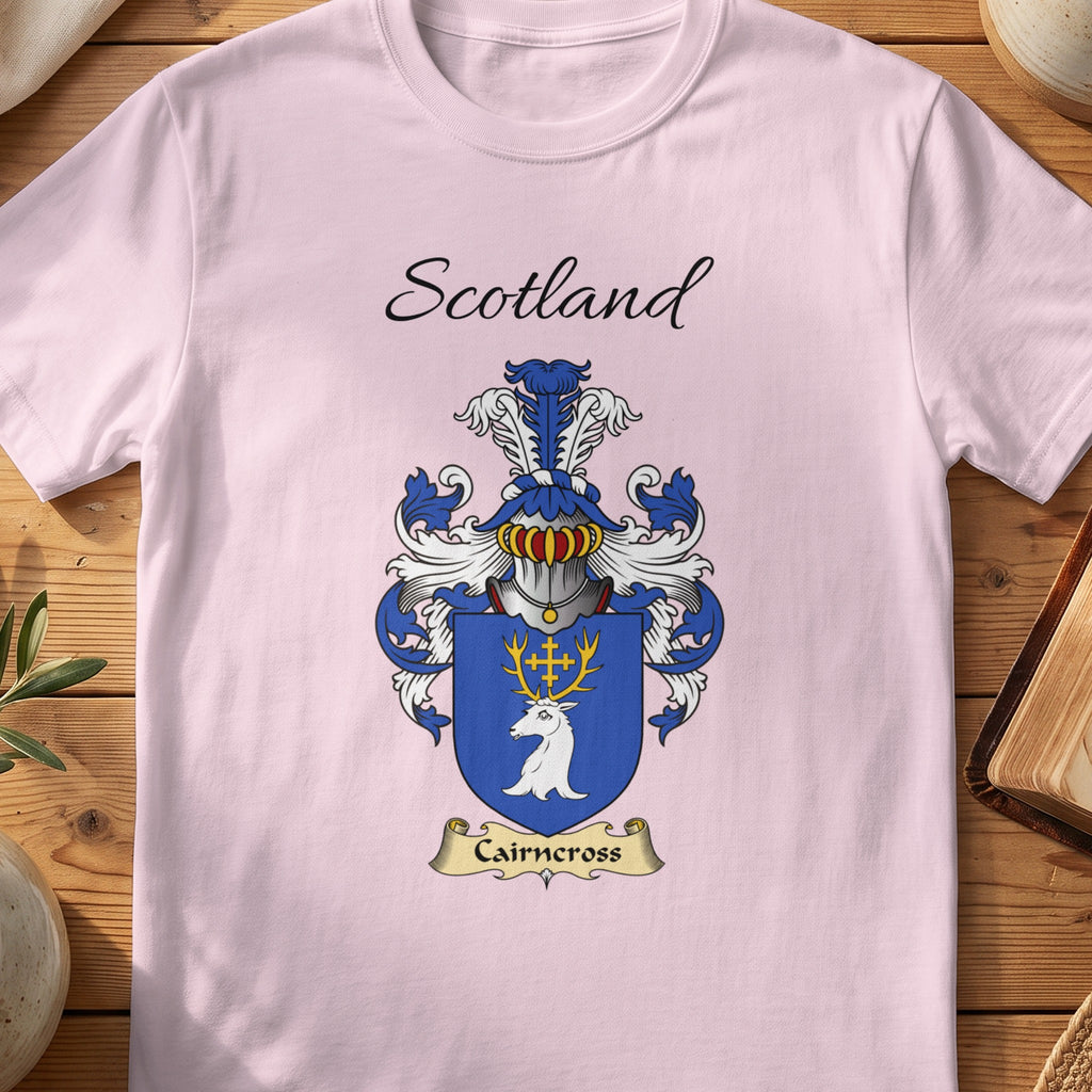 Light Pink Cairncross Scottish family shield T-shirt featuring a white stag head with gold antlers on blue