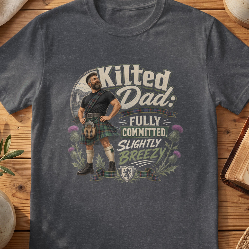 Dark grey Gildan 64000 unisex T-shirt flatlay with Kilted Dad Fully Committed Scottish graphic design