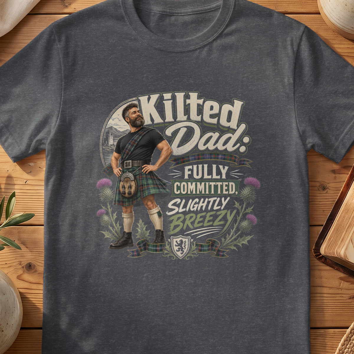 Dark grey Gildan 64000 unisex T-shirt flatlay with Kilted Dad Fully Committed Scottish graphic design