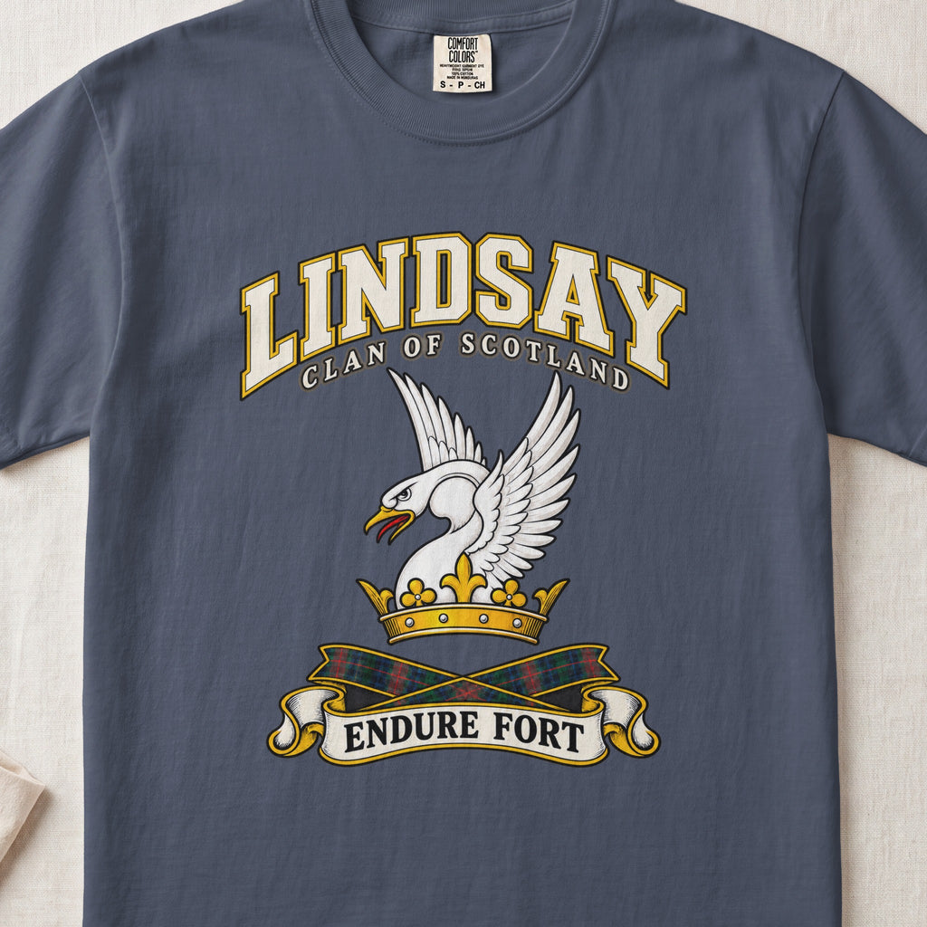 Lindsay Scottish clan T-shirt in Midnight, front view with a white swan with raised wings and a golden crown and motto banner.