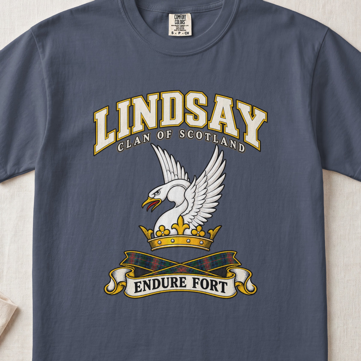 Lindsay Scottish clan T-shirt in Midnight, front view with a white swan with raised wings and a golden crown and motto banner.
