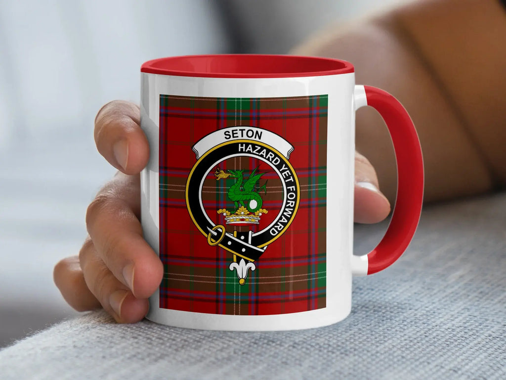 Clan Seton Hazard Yet Forward plaid crest mug — 15 oz ceramic, black handle