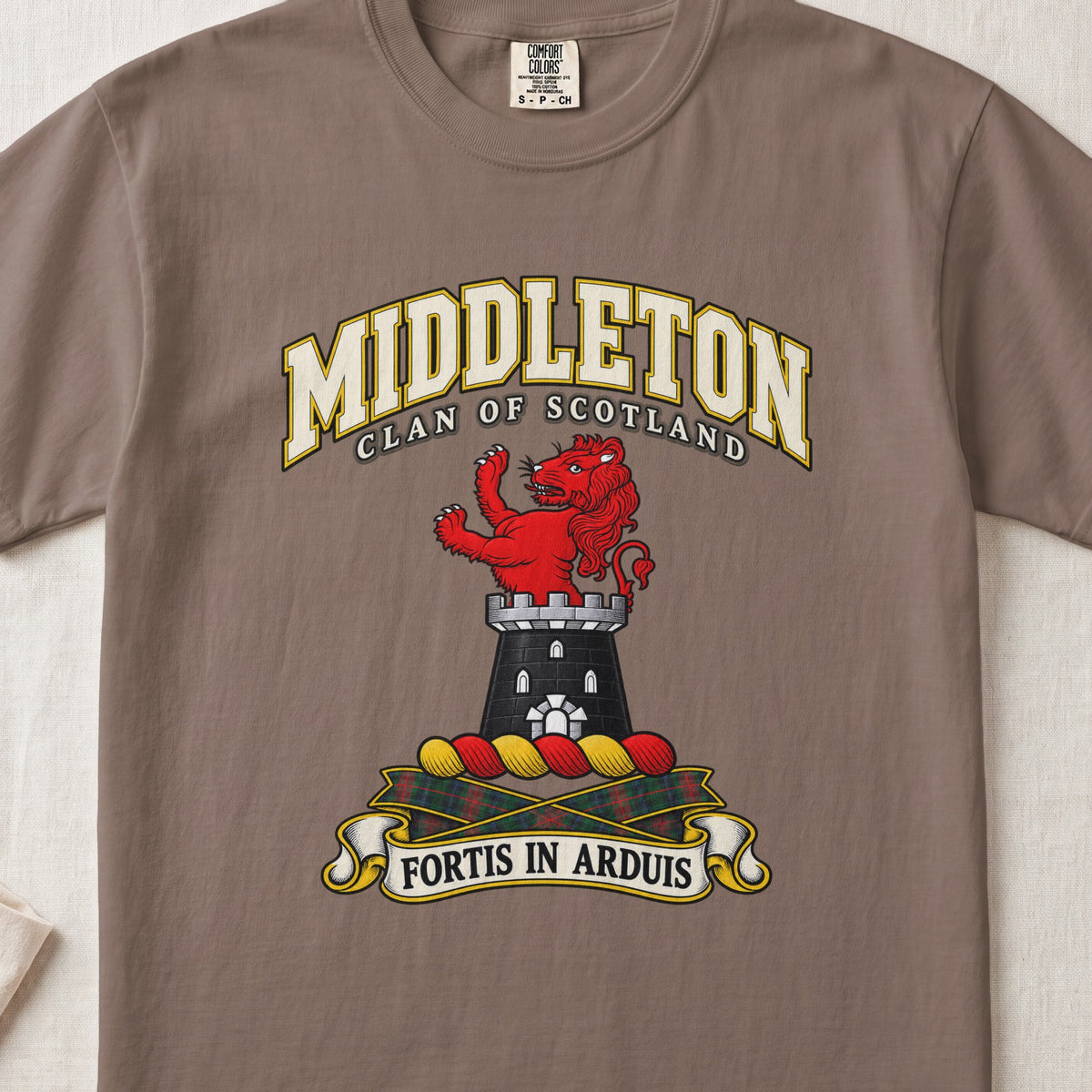 Middleton Scottish clan T-shirt in Espresso, front view with a red lion rising above a gray tower and motto banner.
