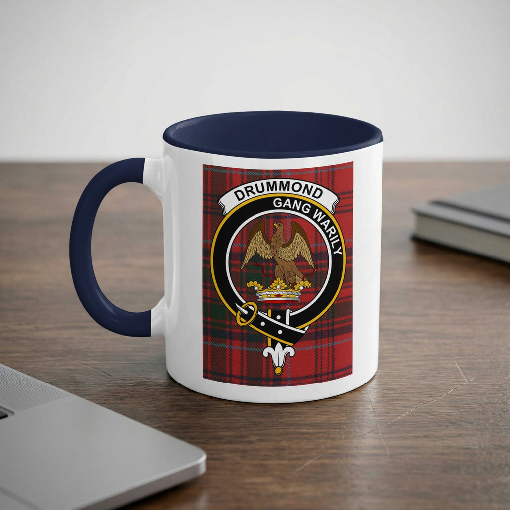 Drummond crest and Gang Warily motto on tartan mug — navy handle and rim