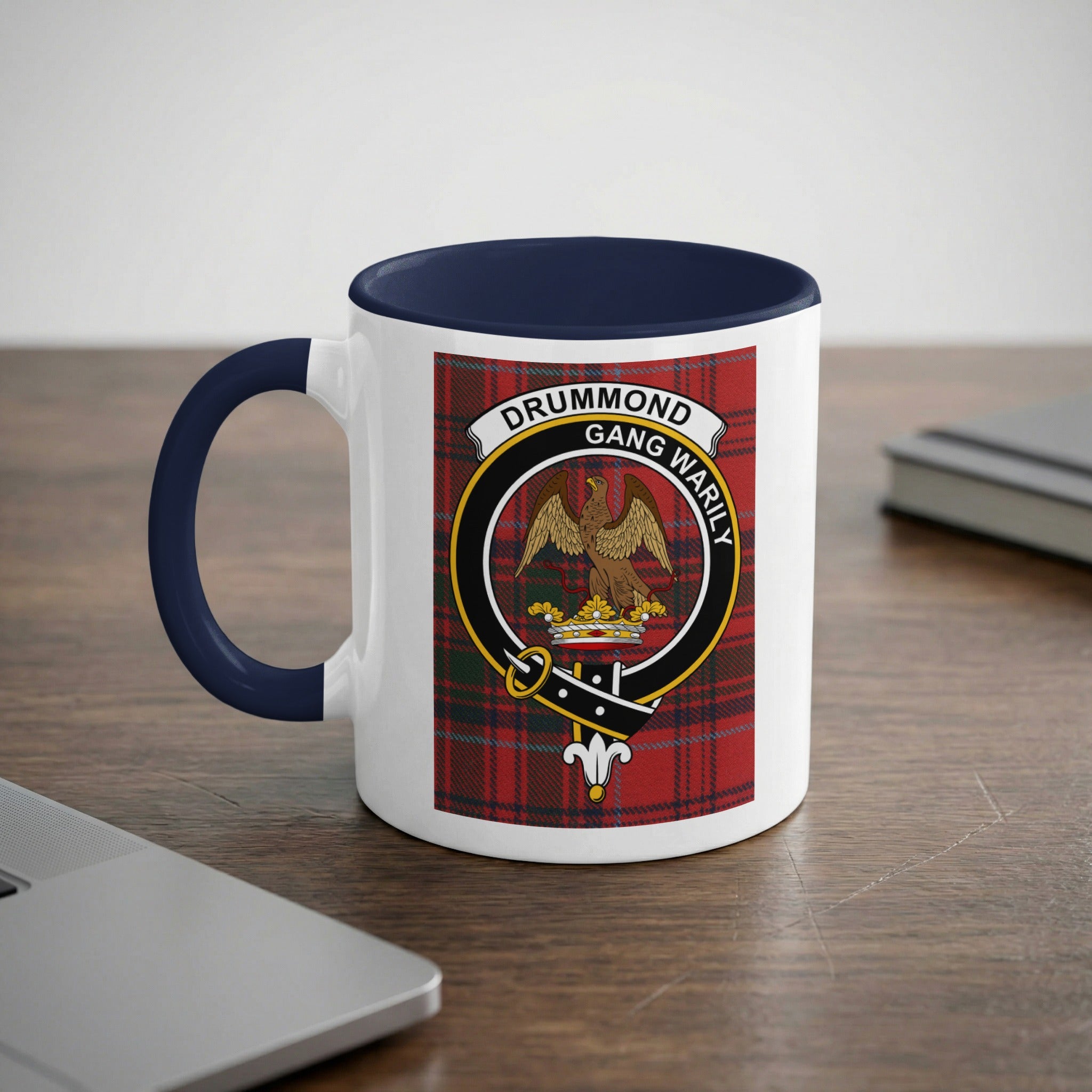 Drummond crest and Gang Warily motto on tartan mug — navy handle and rim