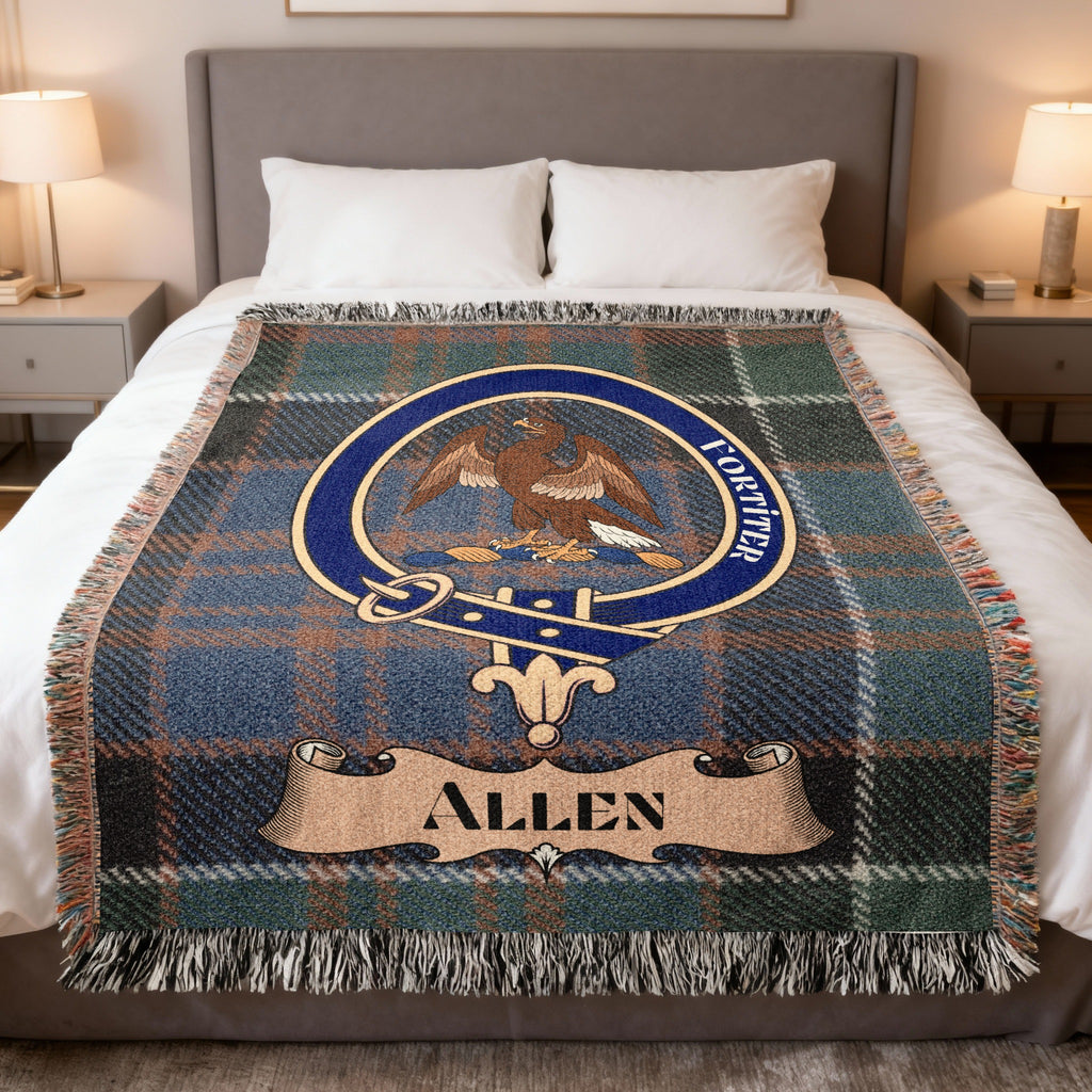 Allen clan crest tartan woven blanket displayed on a bed — 100% cotton