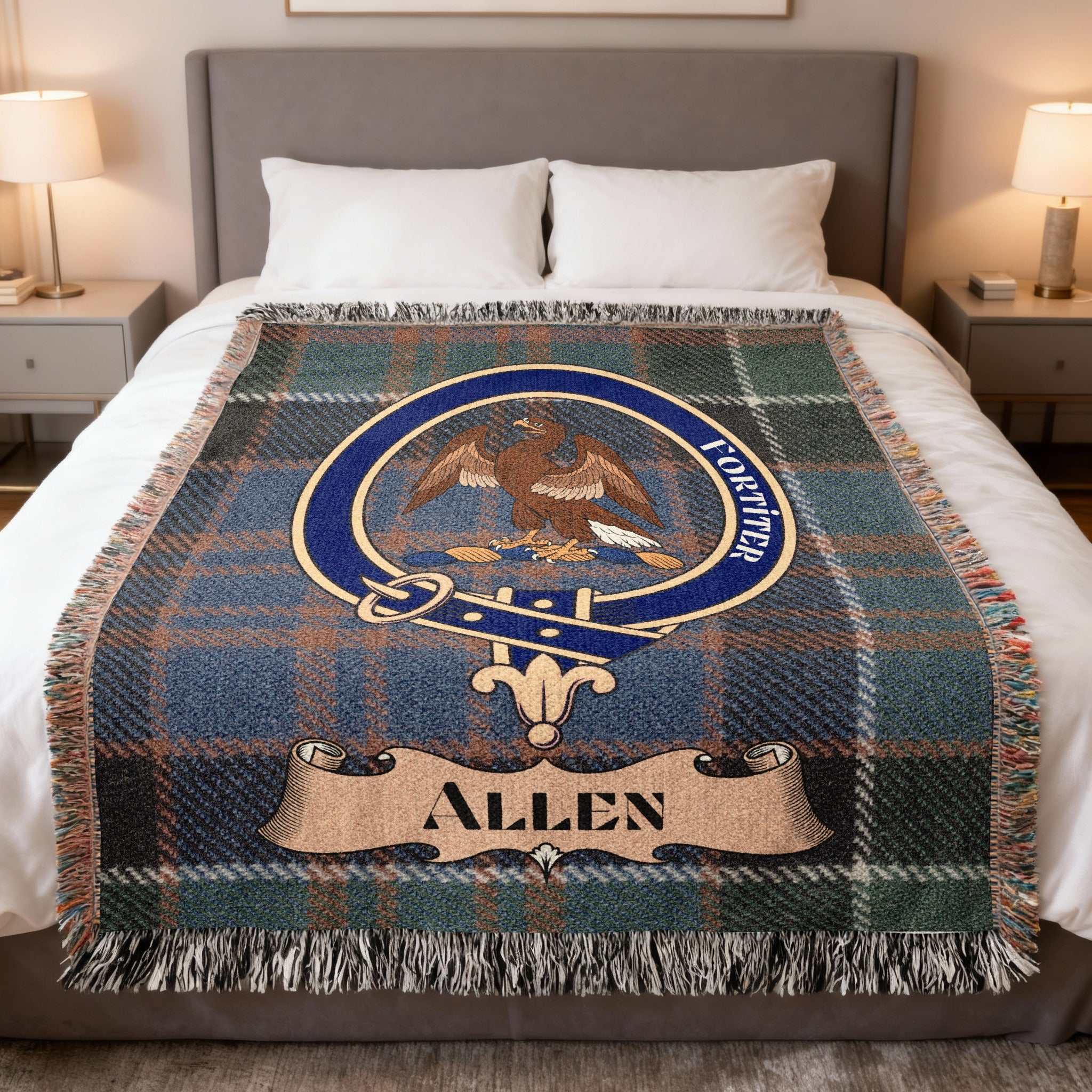 Allen clan crest tartan woven blanket displayed on a bed — 100% cotton