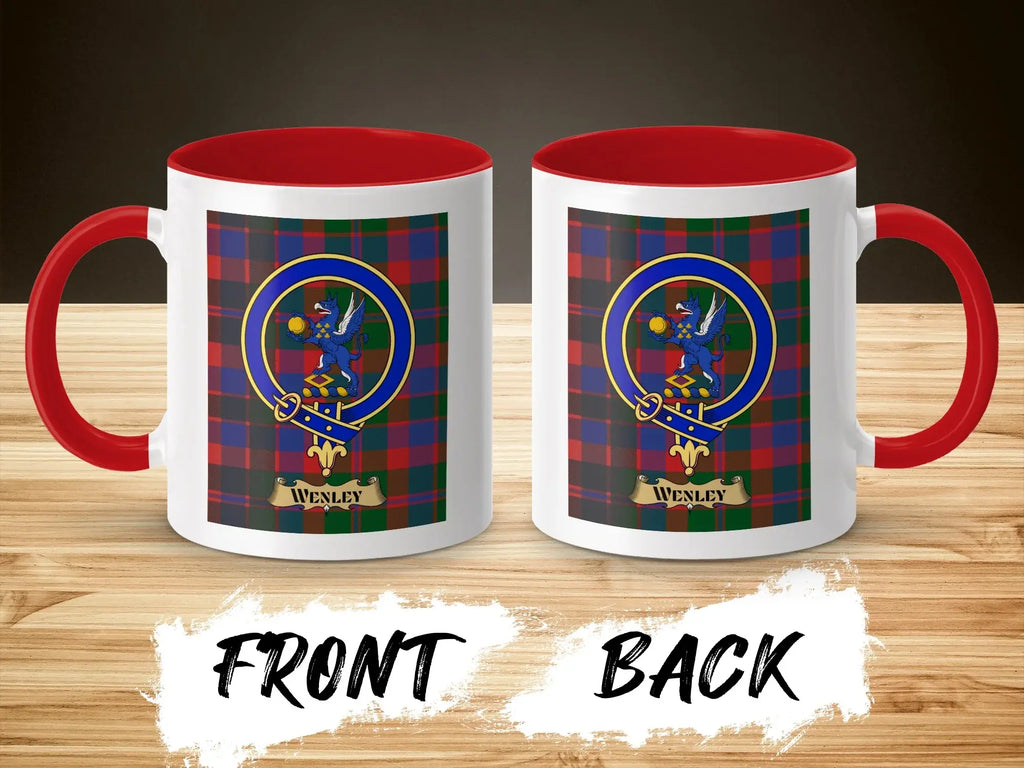 Wenley tartan-background crest mug shown as a Scottish heritage gift