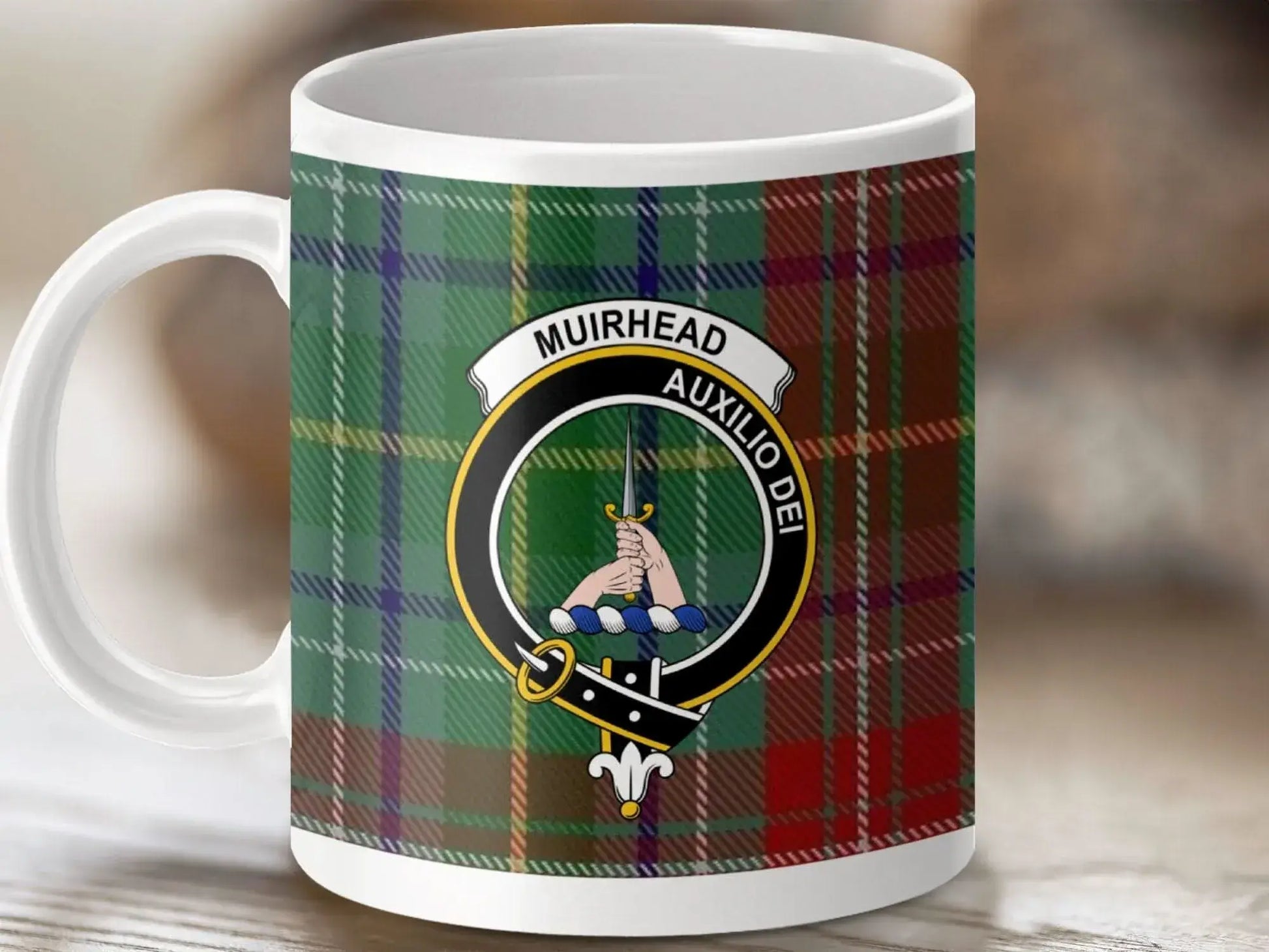 Muirhead Clan Tartan Mug with Auxilio Dei Emblem product type
