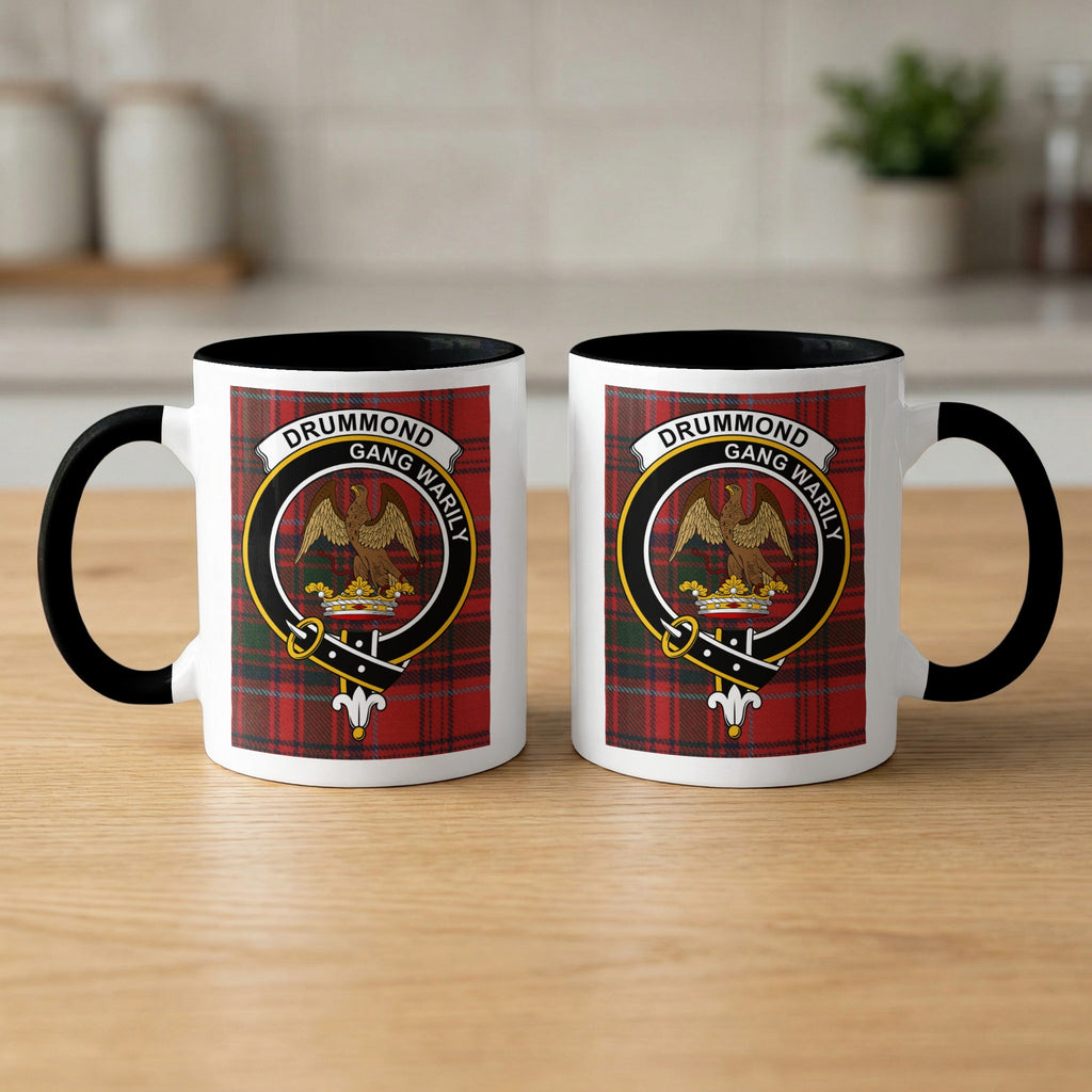 Drummond clan tartan mugs front and back — black accents, crest design