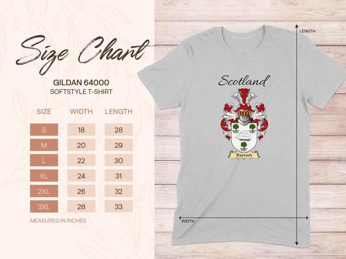 Gildan 64000 size chart for the Darroch unisex T-shirt, sizes S to 3XL