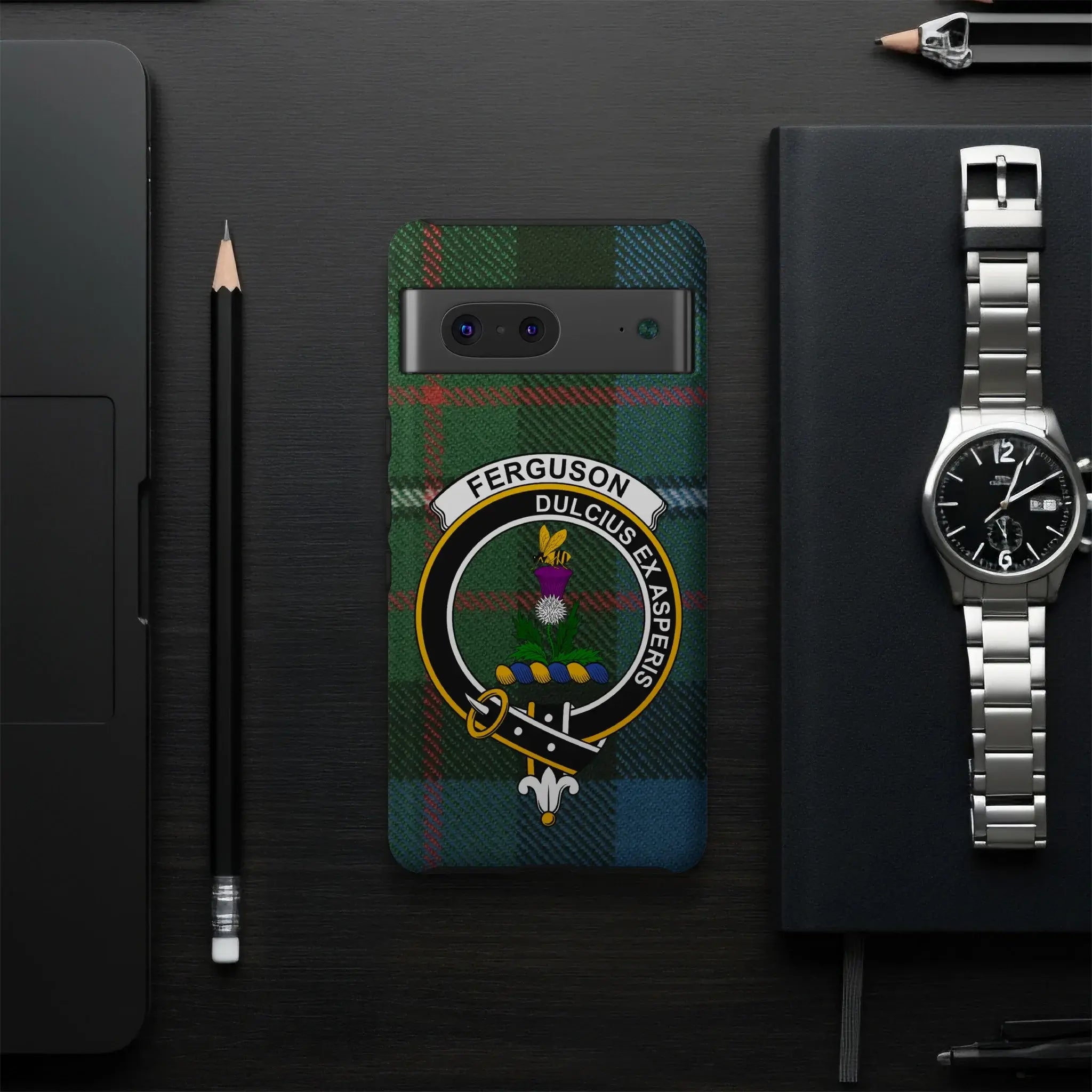 Ferguson Dulcius Ex Asperis tartan phone case flat lay — full clan crest design visible