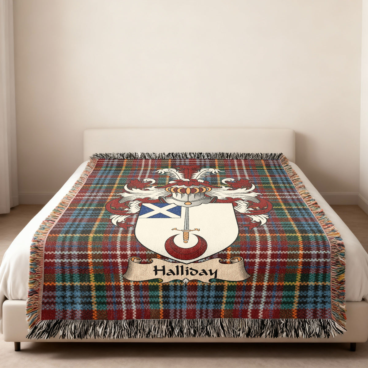 Halliday Scottish family shield woven blanket on a Caledonia tartan background