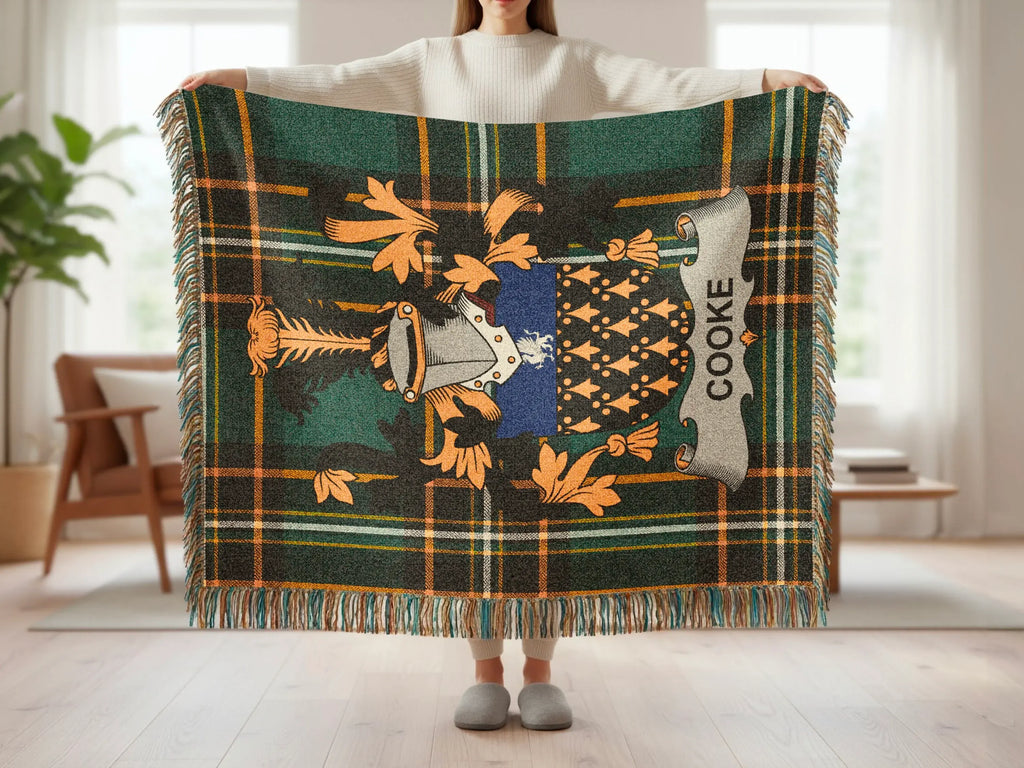 COOKE Family Crest Green Plaid Throw Blanket