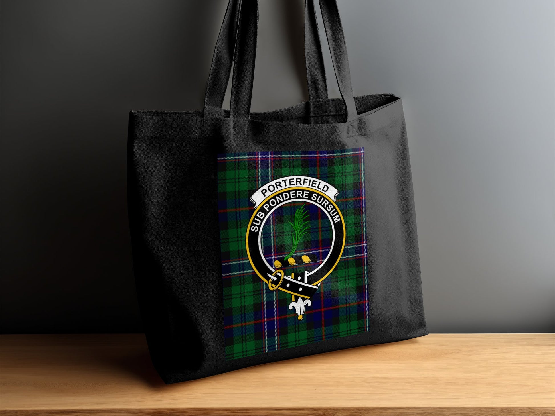 Scottish Clan Crest on Tartan Background Tote Bag - Living Stone Gifts