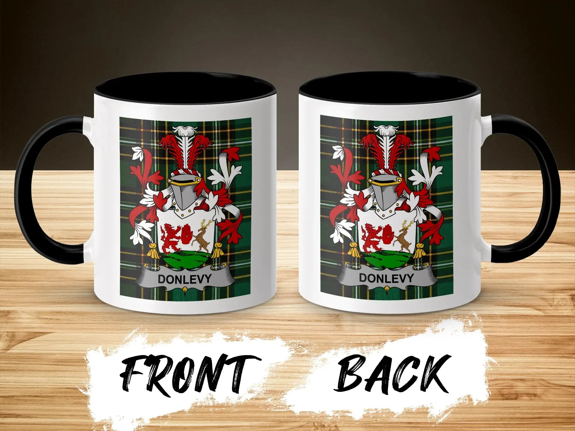 Two mugs side-by-side showing front and back, each with a coat of arms and "DONLEVY".