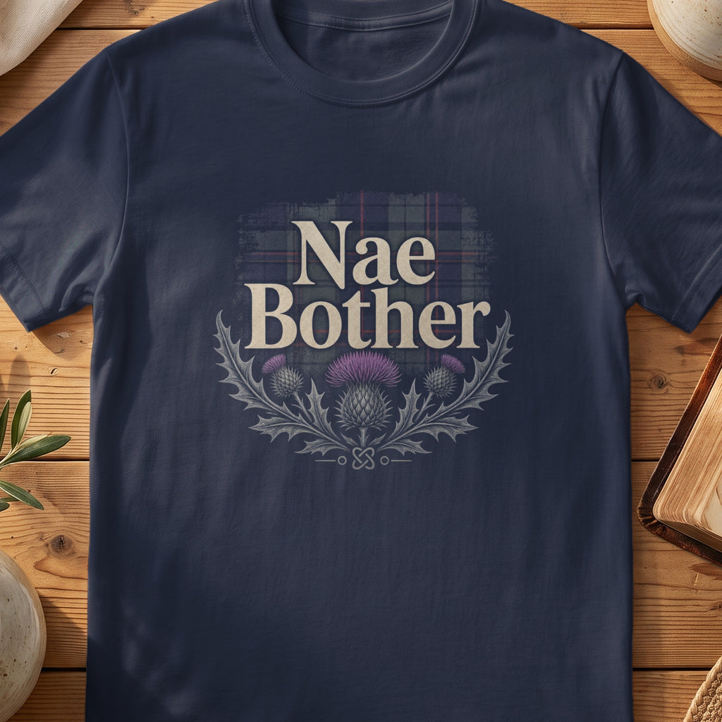Navy Gildan 64000 unisex T-shirt flatlay with Nae Bother Scottish graphic design