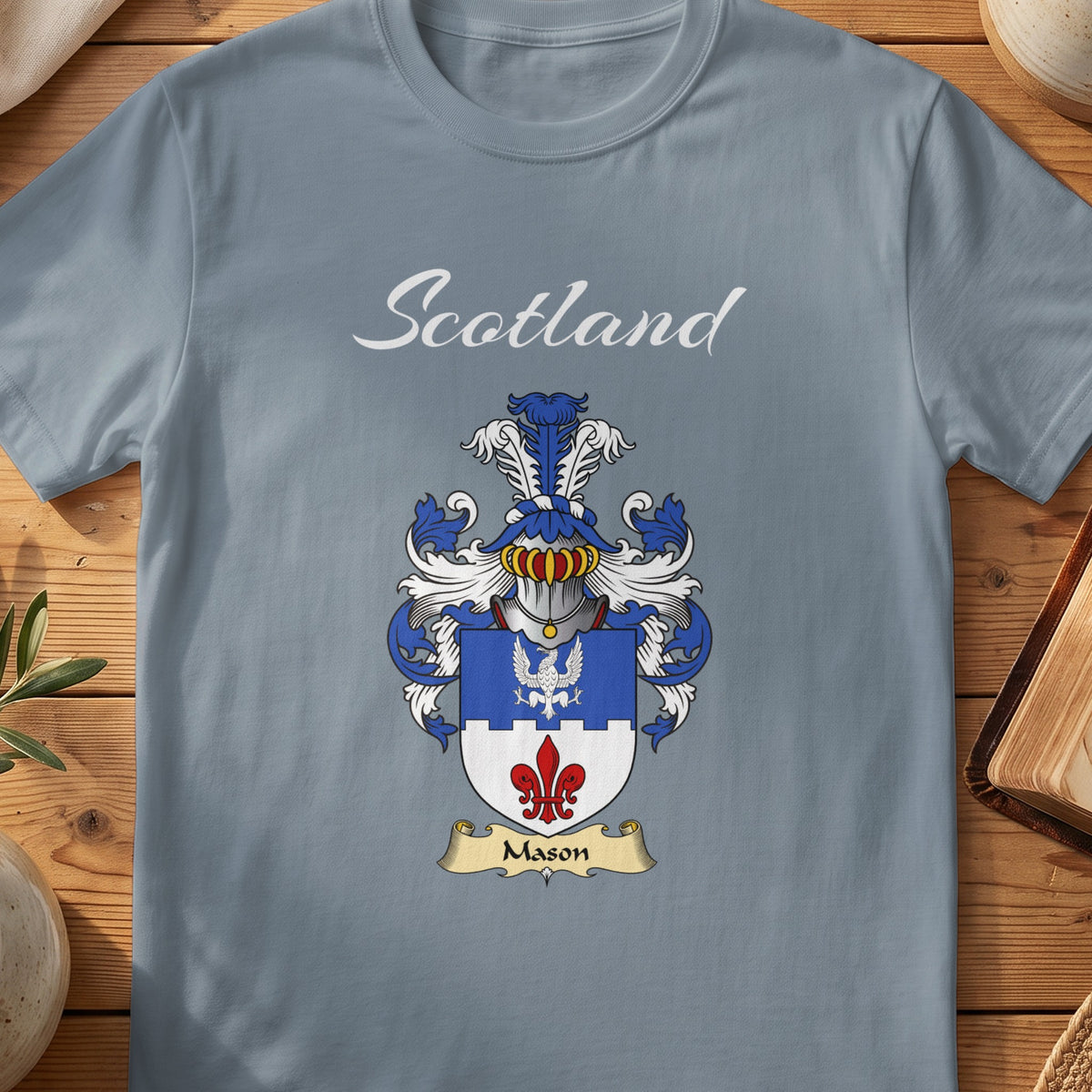 Mason Scottish family shield T-shirt in Stone Blue