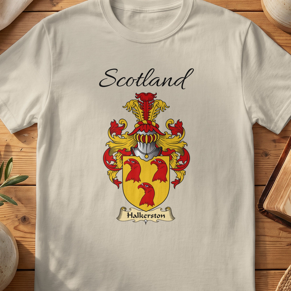 Sand Halkerston Scottish family shield T-shirt featuring three red bird heads on gold