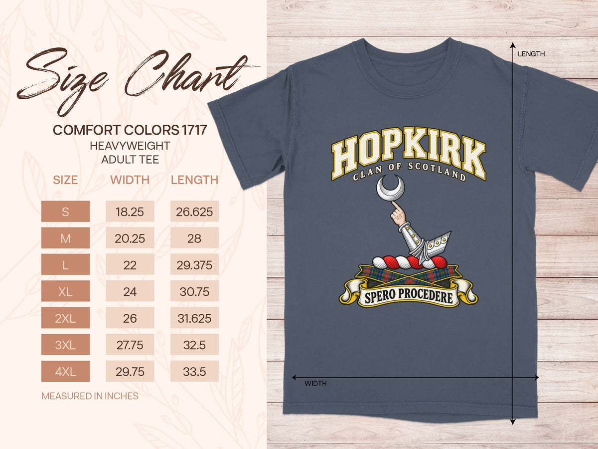 Comfort Colors 1717 size chart for the Hopkirk Scottish clan T-shirt, adult sizes S–4XL.
