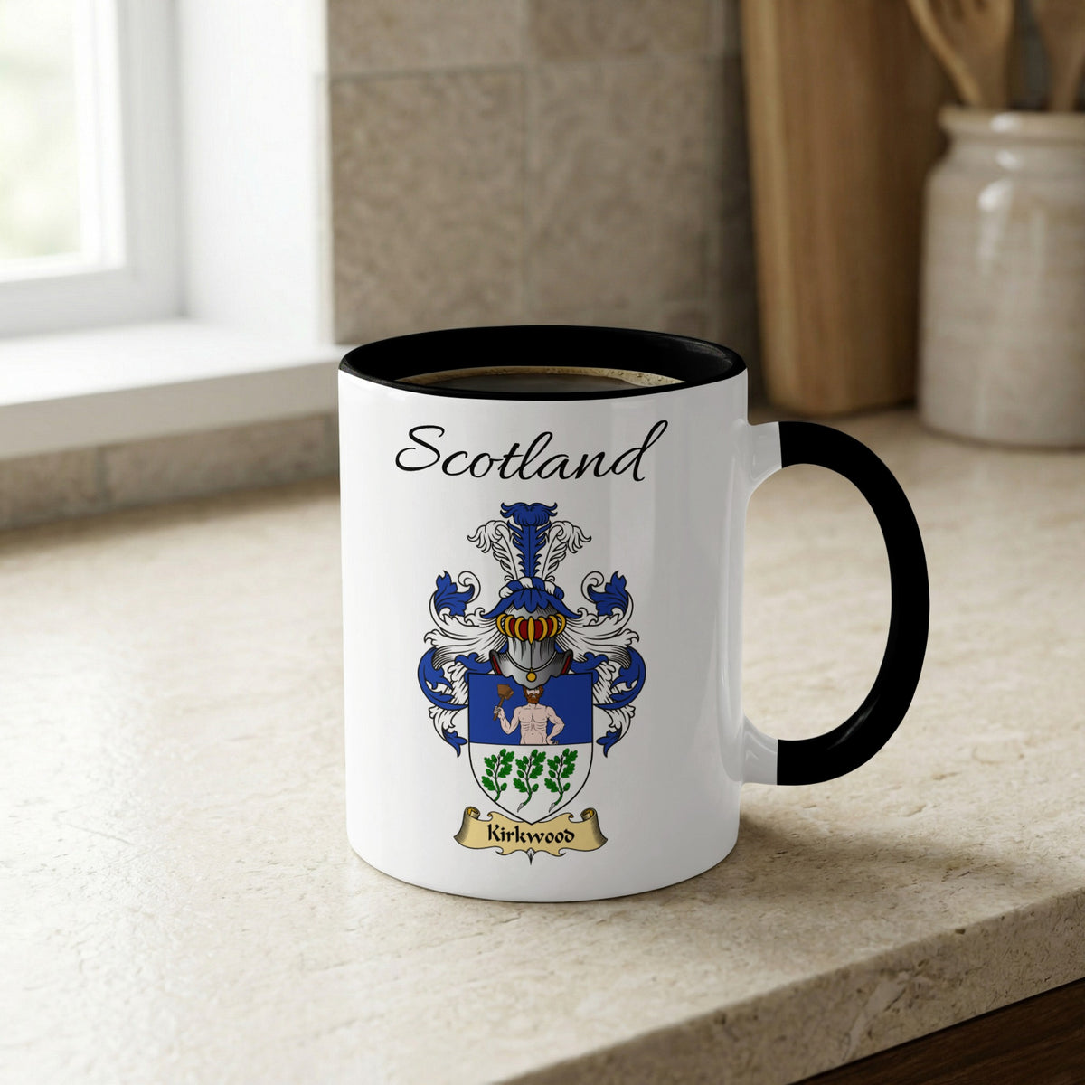 Kirkwood Scottish family crest accent mug with Scotland lettering and coat of arms artwork